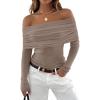 ZESICA Long Sleeve Shirts for Women Ribbed Knit Off Shoulder Slim Fit Going Out Tops Outfits 2026 Trendy Fashion Clothes(Oatmeal)