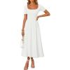 ZESICA Summer Dresses for Women 2026 Elegant Classy Square Neck Short Sleeve Flowy Cocktail Party Midi Dress(White)