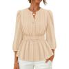 ZESICA Women’s 2026 Fall Babydoll Peplum Tops V Neck Puff 3/4 Length Sleeve Shirts Dressy Casual Blouses(Apricot)
