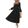 ZESICA Women’s 2026 Spring Floral Midi Dress Long Sleeve Smocked Flowy Long Wedding Guest Vacation Dresses(Black)