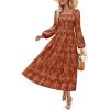 ZESICA Women’s 2026 Spring Floral Midi Dress Long Sleeve Smocked Flowy Long Wedding Guest Vacation Dresses(Caramel)
