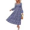 ZESICA Women’s 2026 Spring Floral Midi Dress Long Sleeve Smocked Flowy Long Wedding Guest Vacation Dresses(Dustyblue)