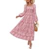 ZESICA Women’s 2026 Spring Floral Midi Dress Long Sleeve Smocked Flowy Long Wedding Guest Vacation Dresses(Pink)