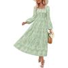ZESICA Women’s 2026 Spring Floral Midi Dress Long Sleeve Smocked Flowy Long Wedding Guest Vacation Dresses(Sage)