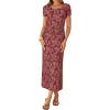 ZESICA Women’s 2026 Summer Floral Bodycon Dress Short Sleeve Ruched Mesh Wedding Guest Cocktail Party Midi Dresses(Wine)