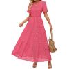 ZESICA Women’s 2026 Summer Short Sleeve Maxi Dress Casual V Neck Hollow Out Eyelet Ruffle Swing A Line Long Dresses(Hot Pink)