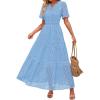ZESICA Women’s 2026 Summer Short Sleeve Maxi Dress Casual V Neck Hollow Out Eyelet Ruffle Swing A Line Long Dresses(Sky)