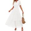 ZESICA Women’s 2026 Summer Short Sleeve Maxi Dress Casual V Neck Hollow Out Eyelet Ruffle Swing A Line Long Dresses(White)