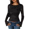 ZESICA Womens Bell Long Sleeve Going Out Tops 2026 Spring Trendy Mesh Floral Fitted Shirts Cute Date Y2k Top Outfits(Black)