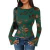 ZESICA Womens Bell Long Sleeve Going Out Tops 2026 Spring Trendy Mesh Floral Fitted Shirts Cute Date Y2k Top Outfits(Darkgreen)