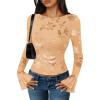 ZESICA Womens Bell Long Sleeve Going Out Tops 2026 Spring Trendy Mesh Floral Fitted Shirts Cute Date Y2k Top Outfits(Redapricot)