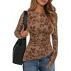 ZESICA Womens Floral Long Sleeve Shirts 2026 Spring Boat Neck Mesh Ruched Tops Fitted Asymmetrical Going Out Blouses(Khaki)