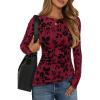 ZESICA Womens Floral Long Sleeve Shirts 2026 Spring Boat Neck Mesh Ruched Tops Fitted Asymmetrical Going Out Blouses(Red)