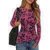 ZESICA Womens Floral Long Sleeve Shirts 2026 Spring Boat Neck Mesh Ruched Tops Fitted Asymmetrical Going Out Blouses(Rose)