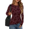 ZESICA Womens Floral Long Sleeve Shirts 2026 Spring Boat Neck Mesh Ruched Tops Fitted Asymmetrical Going Out Blouses(Wine)