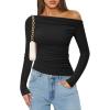 ZESICA Womens Off Shoulder Long Sleeve Tops 2026 Spring Casual Boat Neck Ruched Slim Fit Going Out Y2k Shirts Blouses(Black)