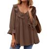 ZESICA Womens Scoop Neck 3/4 Length Sleeve Tops 2026 Casual Tie Front Ruffle Tiered Loose Tunic Shirts Blouses Fall Outfits(Brown)
