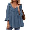 ZESICA Womens Scoop Neck 3/4 Length Sleeve Tops 2026 Casual Tie Front Ruffle Tiered Loose Tunic Shirts Blouses Fall Outfits(Dusty Blue)