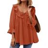 ZESICA Womens Scoop Neck 3/4 Length Sleeve Tops 2026 Casual Tie Front Ruffle Tiered Loose Tunic Shirts Blouses Fall Outfits(Orange Red)