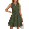 ZESICA Women’s Summer Sleeveless Mini Dress V Neck Hollow Out Eyelet Flowy A Line Beach Vacation Party Short Dresses(Armygreen)