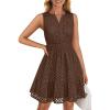 ZESICA Women’s Summer Sleeveless Mini Dress V Neck Hollow Out Eyelet Flowy A Line Beach Vacation Party Short Dresses(Coffee)