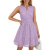 ZESICA Women’s Summer Sleeveless Mini Dress V Neck Hollow Out Eyelet Flowy A Line Beach Vacation Party Short Dresses(Purple)