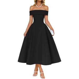 ZESICA Cocktail Dresses for Women’s Elegant Off Shoulder Short Sleeve Swing A Line Wedding Evening Party Midi Dress(Black)