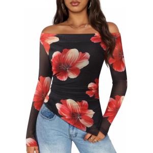 ZESICA Floral Mesh Off Shoulder Long Sleeve Tops for Women 2026 Y2k Double Lined Sheer Spring Going Out Shirts(Black)
