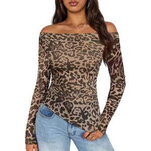 ZESICA Floral Mesh Off Shoulder Long Sleeve Tops for Women 2026 Y2k Double Lined Sheer Spring Going Out Shirts(Leopardbrown)