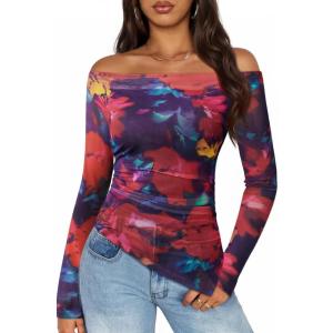 ZESICA Floral Mesh Off Shoulder Long Sleeve Tops for Women 2026 Y2k Double Lined Sheer Spring Going Out Shirts(Purplered)