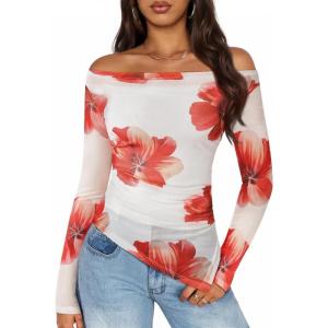 ZESICA Floral Mesh Off Shoulder Long Sleeve Tops for Women 2026 Y2k Double Lined Sheer Spring Going Out Shirts(White)