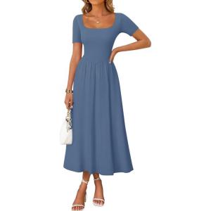 ZESICA Summer Dresses for Women 2026 Elegant Classy Square Neck Short Sleeve Flowy Cocktail Party Midi Dress(Dusty Blue)