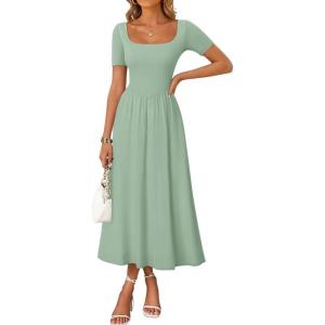 ZESICA Summer Dresses for Women 2026 Elegant Classy Square Neck Short Sleeve Flowy Cocktail Party Midi Dress(Light Green)