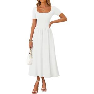 ZESICA Summer Dresses for Women 2026 Elegant Classy Square Neck Short Sleeve Flowy Cocktail Party Midi Dress(White)