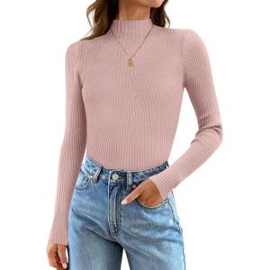ZESICA Women’s 2025 Fall Long Sleeve Turtleneck T Shirt Ribbed Knit Sweater Slim Fit Basic Casual Tee Tops(Dusty Pink)