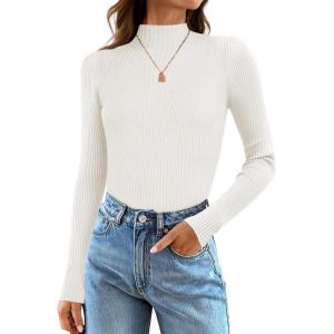 ZESICA Women’s 2025 Fall Long Sleeve Turtleneck T Shirt Ribbed Knit Sweater Slim Fit Basic Casual Tee Tops(White)