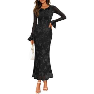 ZESICA Women’s 2026 Bell Long Sleeve Floral Maxi Dress Spring Fashion Bodycon Mesh Wedding Guest Cocktail Party Dresses(Black)