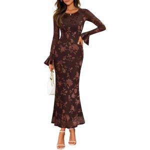 ZESICA Women’s 2026 Bell Long Sleeve Floral Maxi Dress Spring Fashion Bodycon Mesh Wedding Guest Cocktail Party Dresses(Coffee)