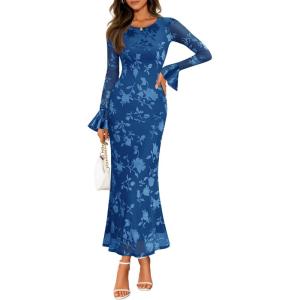 ZESICA Women’s 2026 Bell Long Sleeve Floral Maxi Dress Spring Fashion Bodycon Mesh Wedding Guest Cocktail Party Dresses(Darkblue)