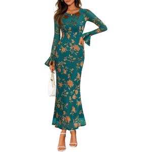 ZESICA Women’s 2026 Bell Long Sleeve Floral Maxi Dress Spring Fashion Bodycon Mesh Wedding Guest Cocktail Party Dresses(Darkgreen)