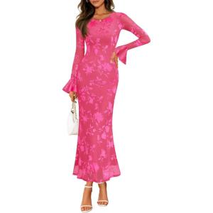 ZESICA Women’s 2026 Bell Long Sleeve Floral Maxi Dress Spring Fashion Bodycon Mesh Wedding Guest Cocktail Party Dresses(Rose)