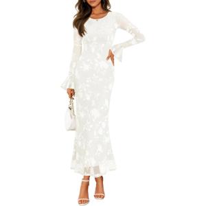 ZESICA Women’s 2026 Bell Long Sleeve Floral Maxi Dress Spring Fashion Bodycon Mesh Wedding Guest Cocktail Party Dresses(White)