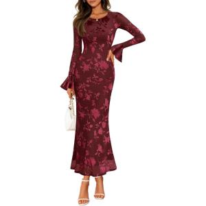 ZESICA Women’s 2026 Bell Long Sleeve Floral Maxi Dress Spring Fashion Bodycon Mesh Wedding Guest Cocktail Party Dresses(Wine)