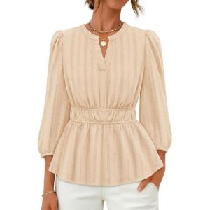 ZESICA Women’s 2026 Fall Babydoll Peplum Tops V Neck Puff 3/4 Length Sleeve Shirts Dressy Casual Blouses(Apricot)
