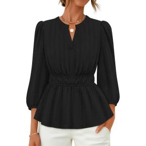 ZESICA Women’s 2026 Fall Babydoll Peplum Tops V Neck Puff 3/4 Length Sleeve Shirts Dressy Casual Blouses(Black)