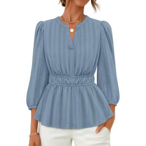 ZESICA Women’s 2026 Fall Babydoll Peplum Tops V Neck Puff 3/4 Length Sleeve Shirts Dressy Casual Blouses(Dustyblue)
