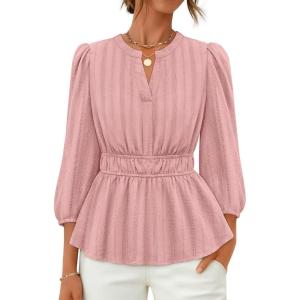 ZESICA Women’s 2026 Fall Babydoll Peplum Tops V Neck Puff 3/4 Length Sleeve Shirts Dressy Casual Blouses(Dustypink)