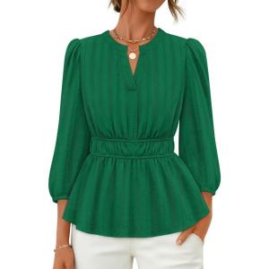 ZESICA Women’s 2026 Fall Babydoll Peplum Tops V Neck Puff 3/4 Length Sleeve Shirts Dressy Casual Blouses(Green)