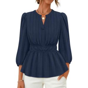 ZESICA Women’s 2026 Fall Babydoll Peplum Tops V Neck Puff 3/4 Length Sleeve Shirts Dressy Casual Blouses(Navy)