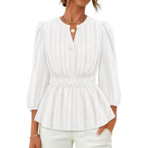 ZESICA Women’s 2026 Fall Babydoll Peplum Tops V Neck Puff 3/4 Length Sleeve Shirts Dressy Casual Blouses(White)